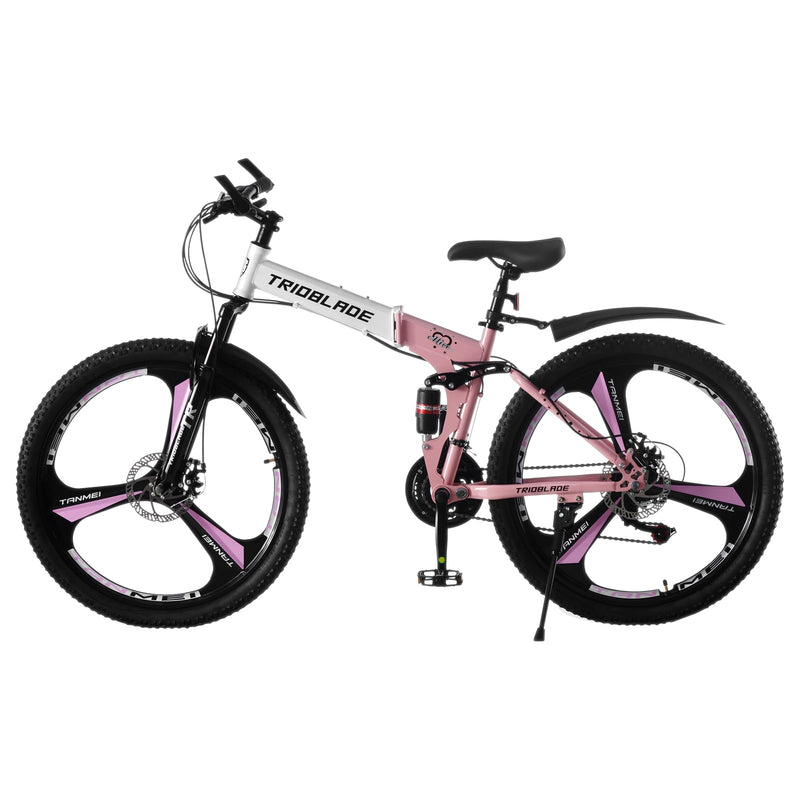 BSTSEL 24 26 27.5Inch Adult Folding Mountain Bike, Dual Suspension Mountain Bikes with 3-Spoke Wheel, 21 Speed Mens and Womens Foldable Mountain Bicycle