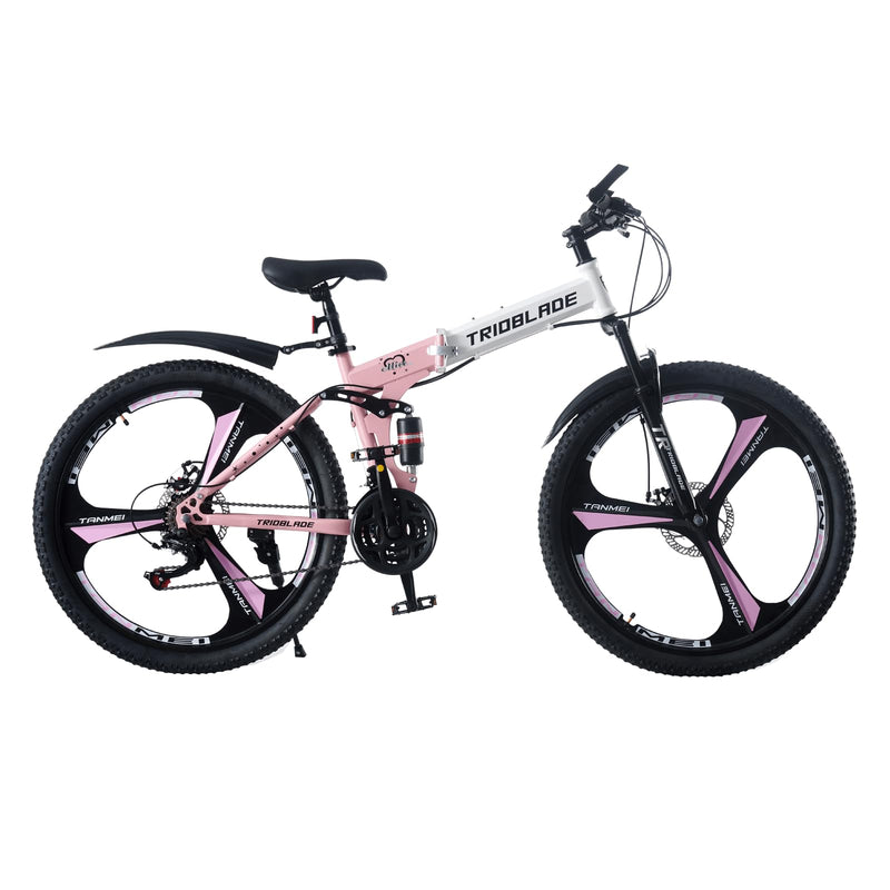 BSTSEL 24 26 27.5Inch Adult Folding Mountain Bike, Dual Suspension Mountain Bikes with 3-Spoke Wheel, 21 Speed Mens and Womens Foldable Mountain Bicycle