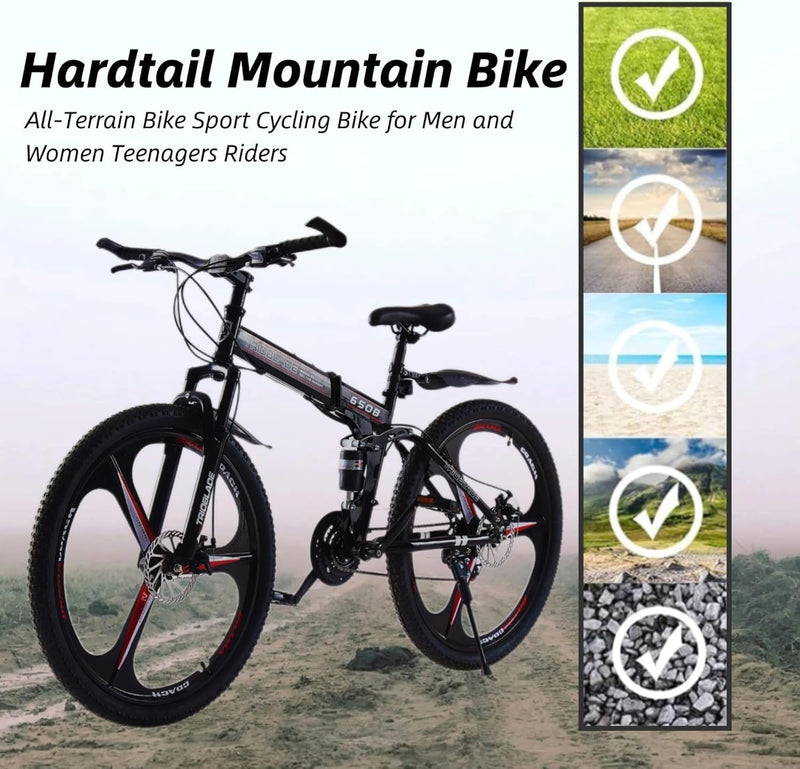 LSBIKE 24 26 27.5In Foldable Mountain Bike Dual Suspension Hardtail Bicycle Men Women Mountain Bike 21 Speed Drivetrain Lightweight Frame Sport Cycling Bike for Adult