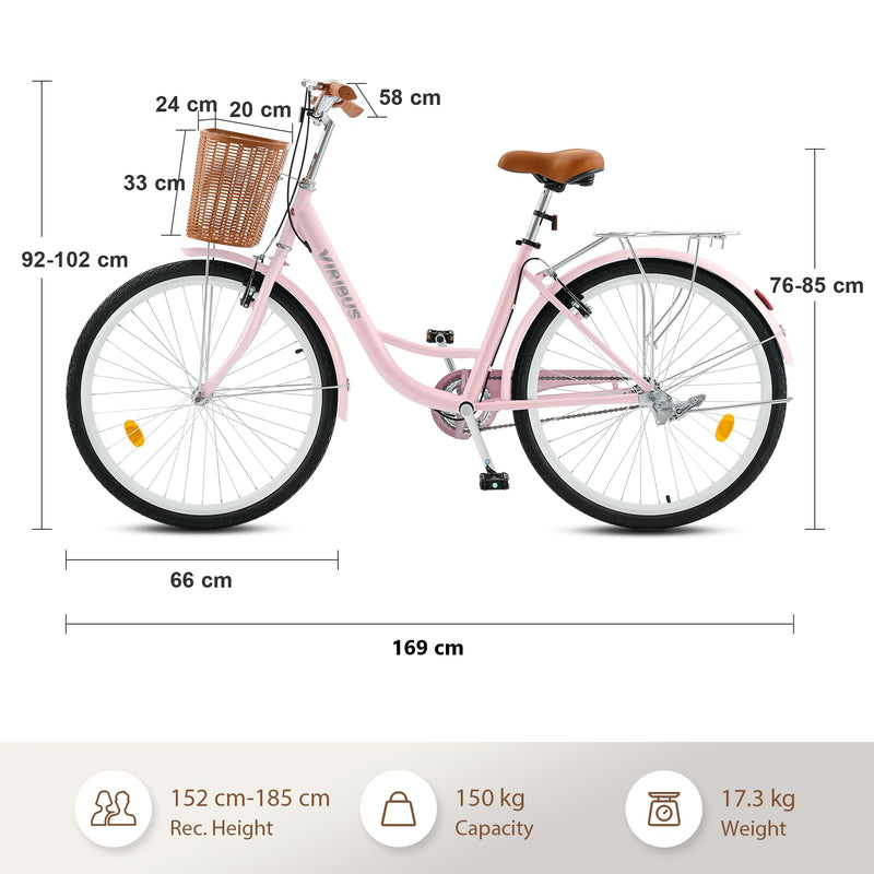 Viribus 26 Inch Vintage Ladies Bike with Basket, Dutch Style City Bicycle with Carbon Steel Frame, Dual V Brakes, Single Speed Women's Comfort Bike with Adjustable Seat and Handlebars