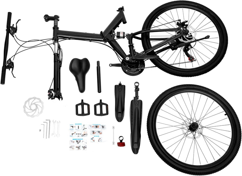 26 Inch Mountain Bike Folding Bicycle for Adults 21 Speed Height Adjustable With Mudguards and Transmission Mens and Womens Foldable Mountain Bicycle,With Anti Slip Handle and Reflective Light(Black)