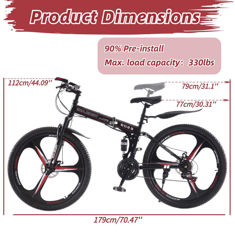 LSBIKE 24 26 27.5In Foldable Mountain Bike Dual Suspension Hardtail Bicycle Men Women Mountain Bike 21 Speed Drivetrain Lightweight Frame Sport Cycling Bike for Adult