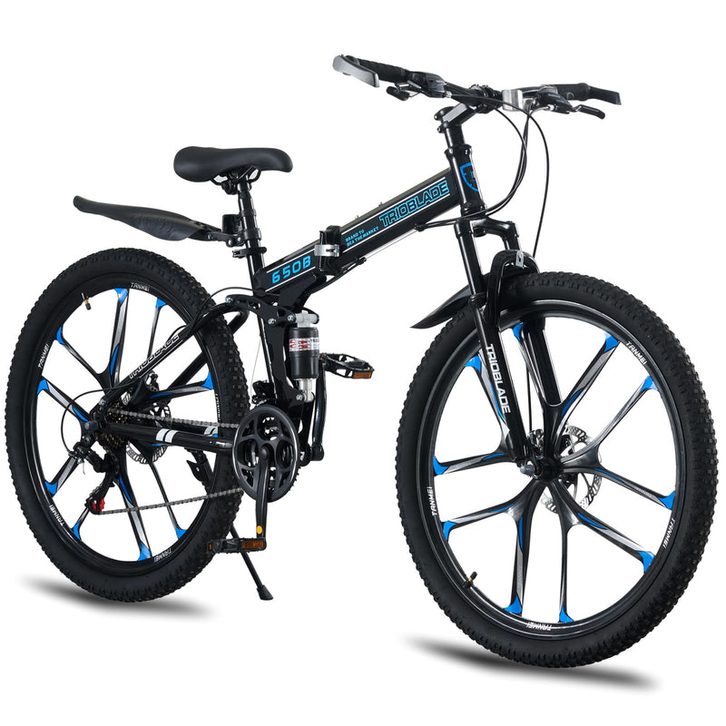 LSBIKE 24 26 27.5In Foldable Mountain Bike Dual Suspension Hardtail Bicycle Men Women Mountain Bike 21 Speed Drivetrain Lightweight Frame Sport Cycling Bike for Adult