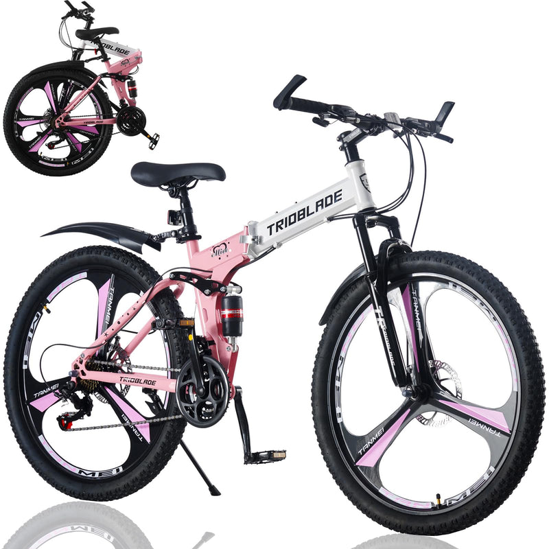 LSBIKE 24 26 27.5In Foldable Mountain Bike Dual Suspension Hardtail Bicycle Men Women Mountain Bike 21 Speed Drivetrain Lightweight Frame Sport Cycling Bike for Adult