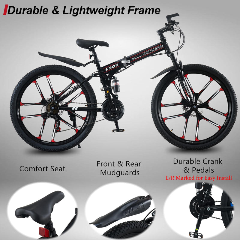 LSBIKE 24 26 27.5In Foldable Mountain Bike Dual Suspension Hardtail Bicycle Men Women Mountain Bike 21 Speed Drivetrain Lightweight Frame Sport Cycling Bike for Adult