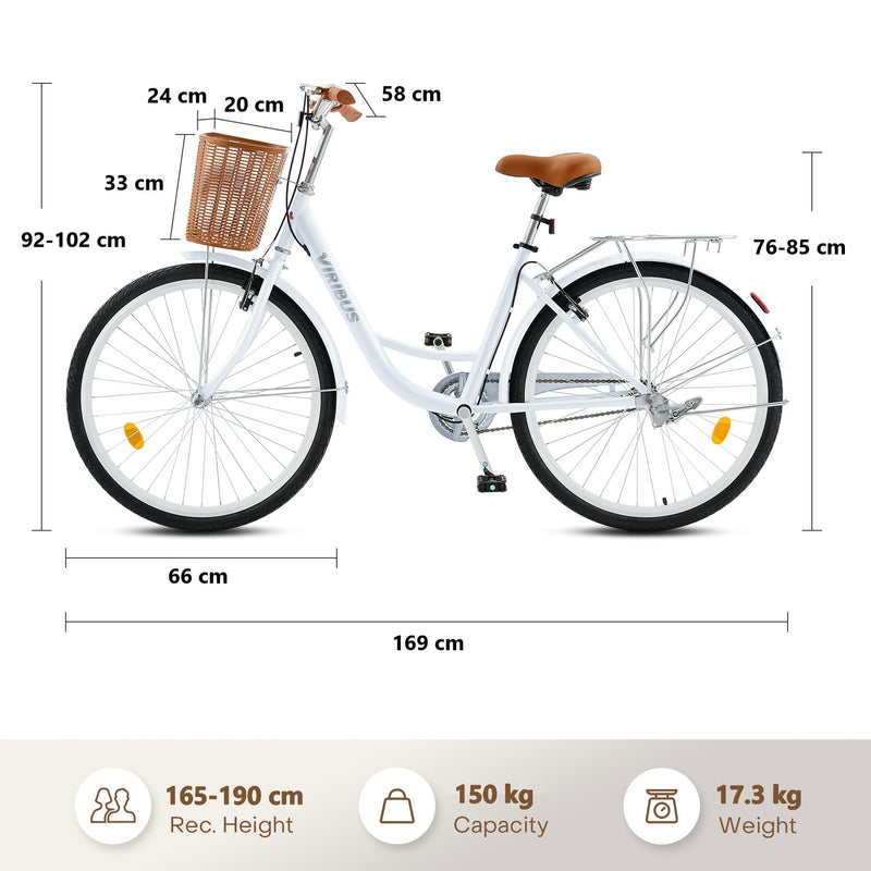 Viribus 26 Inch Vintage Ladies Bike with Basket, Dutch Style City Bicycle with Carbon Steel Frame, Dual V Brakes, Single Speed Women's Comfort Bike with Adjustable Seat and Handlebars