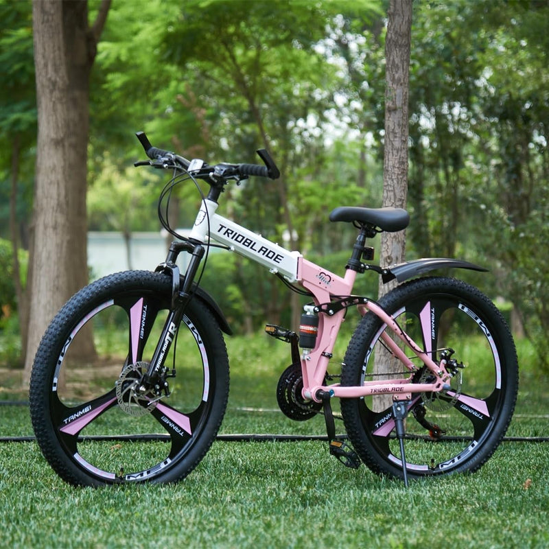 BSTSEL 24 26 27.5Inch Adult Folding Mountain Bike, Dual Suspension Mountain Bikes with 3-Spoke Wheel, 21 Speed Mens and Womens Foldable Mountain Bicycle