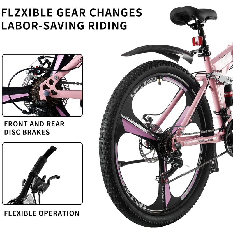 BSTSEL 24 26 27.5Inch Adult Folding Mountain Bike, Dual Suspension Mountain Bikes with 3-Spoke Wheel, 21 Speed Mens and Womens Foldable Mountain Bicycle