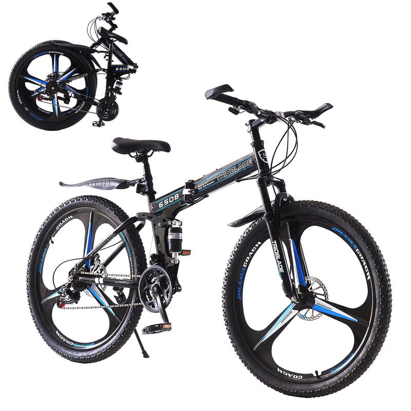 BSTSEL 24 26 27.5Inch Adult Folding Mountain Bike, Dual Suspension Mountain Bikes with 3-Spoke Wheel, 21 Speed Mens and Womens Foldable Mountain Bicycle
