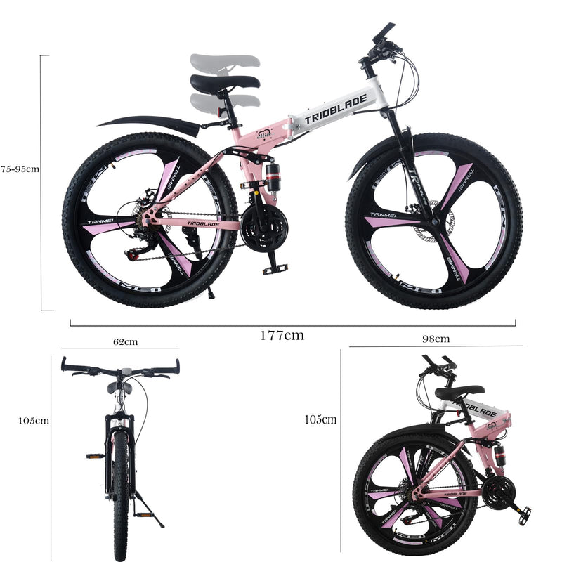 LSBIKE 24 26 27.5In Foldable Mountain Bike Dual Suspension Hardtail Bicycle Men Women Mountain Bike 21 Speed Drivetrain Lightweight Frame Sport Cycling Bike for Adult