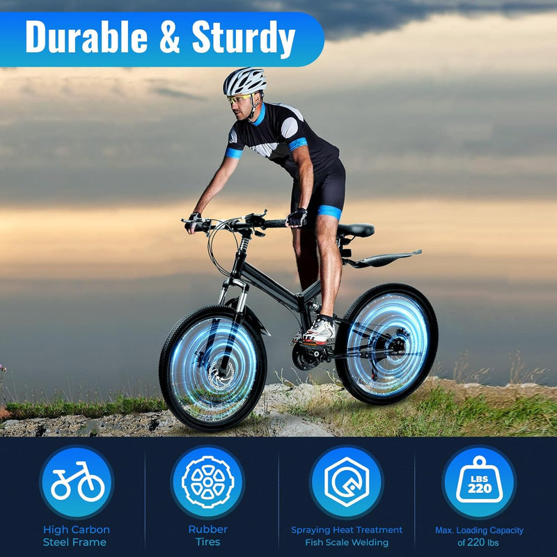 26 Inch Mountain Bike Folding Bicycle for Adults 21 Speed Height Adjustable With Mudguards and Transmission Mens and Womens Foldable Mountain Bicycle,With Anti Slip Handle and Reflective Light(Black)