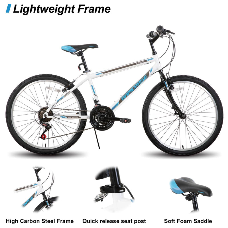Hiland 24/26 inch Mountain Bike for Youth Adult, 21 Speeds Mountain Bicycle for Men Women with High Carbon Steel Frame, Sport Cycling Youth Adult MTB Bicycle, Black/White
