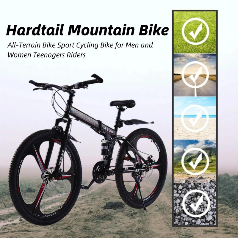 LSBIKE 24 26 27.5In Foldable Mountain Bike Dual Suspension Hardtail Bicycle Men Women Mountain Bike 21 Speed Drivetrain Lightweight Frame Sport Cycling Bike for Adult