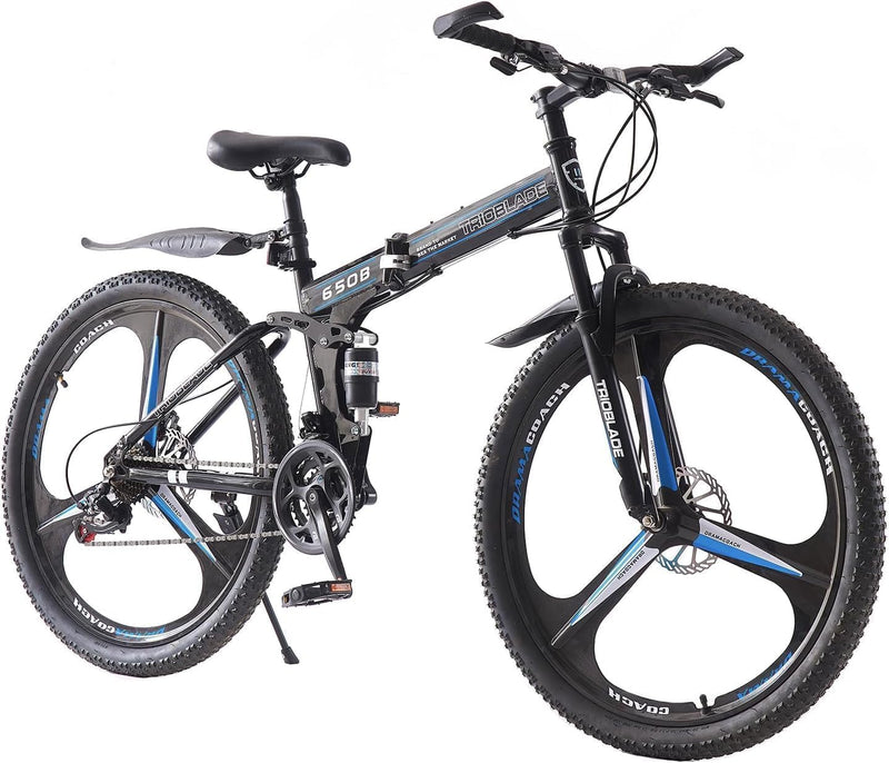LSBIKE 24 26 27.5In Foldable Mountain Bike Dual Suspension Hardtail Bicycle Men Women Mountain Bike 21 Speed Drivetrain Lightweight Frame Sport Cycling Bike for Adult