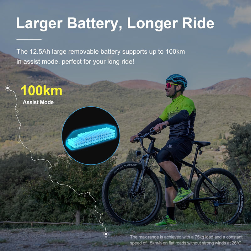 Eleglide Electric Bike for Adults, Mopride 1 Plus 27.5"/29'' E Mountain Bike, Electric Bicycle with 12.5Ah Removable Battery, Commute E-bikeMax Range 100KM, LCD Display, Dual Disc Brake, 21 Speed