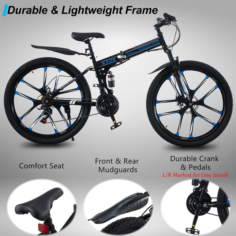 LSBIKE 24 26 27.5In Foldable Mountain Bike Dual Suspension Hardtail Bicycle Men Women Mountain Bike 21 Speed Drivetrain Lightweight Frame Sport Cycling Bike for Adult