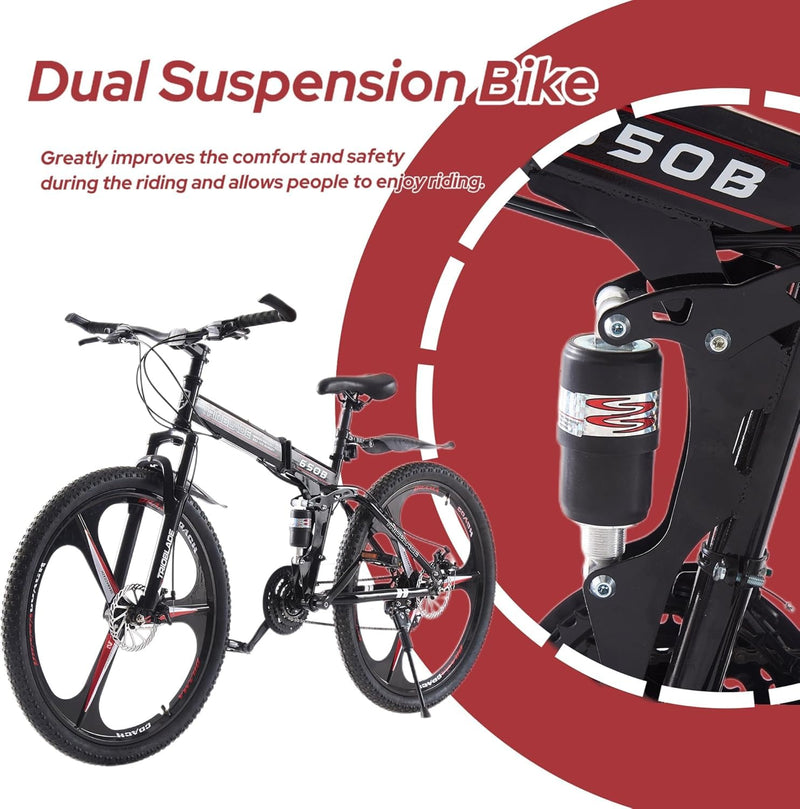 LSBIKE 24 26 27.5In Foldable Mountain Bike Dual Suspension Hardtail Bicycle Men Women Mountain Bike 21 Speed Drivetrain Lightweight Frame Sport Cycling Bike for Adult