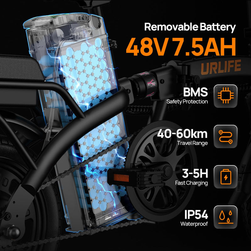 URLIFE 14" Electric Bike, Portable E-bike with 48V 7.5AH Removable Battery 250W Powerful Motor, 60 KM Max Range, Folding Ebike LCD Display, Electric Commuter Bicycle for Adults and Teens