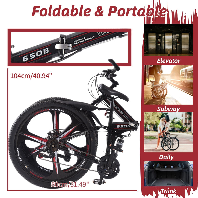 LSBIKE 24 26 27.5In Foldable Mountain Bike Dual Suspension Hardtail Bicycle Men Women Mountain Bike 21 Speed Drivetrain Lightweight Frame Sport Cycling Bike for Adult