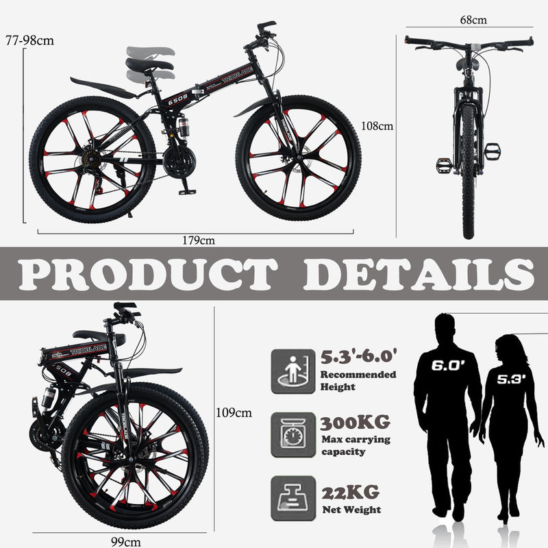 LSBIKE 24 26 27.5In Foldable Mountain Bike Dual Suspension Hardtail Bicycle Men Women Mountain Bike 21 Speed Drivetrain Lightweight Frame Sport Cycling Bike for Adult