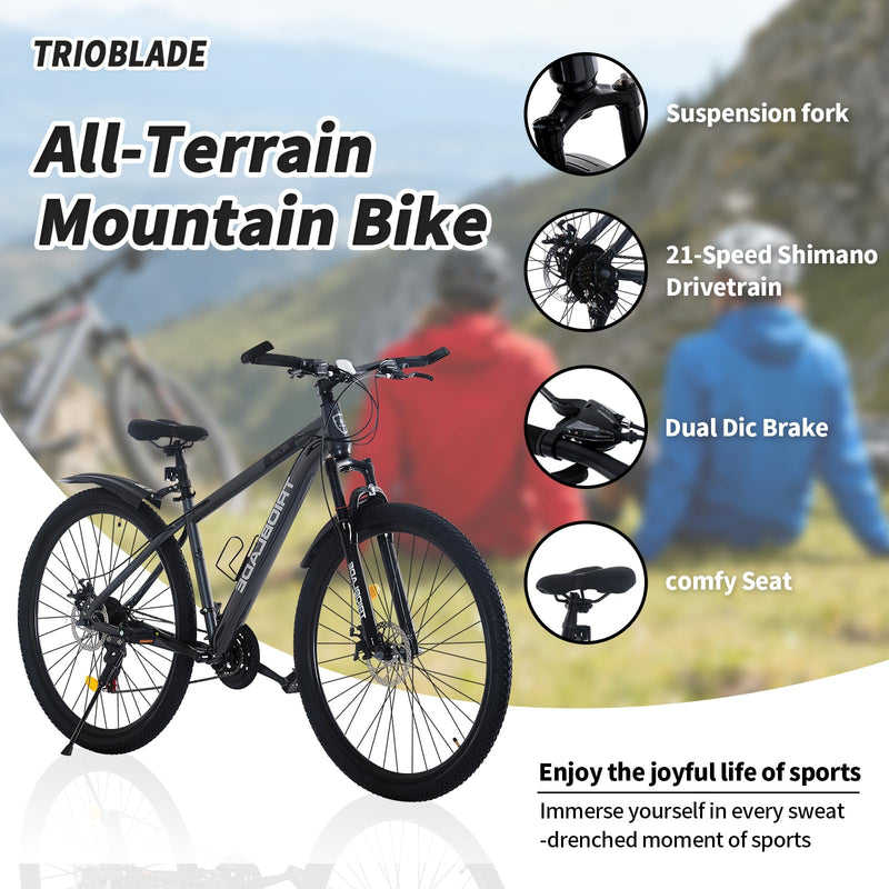 TRIOBLADE 24/26/27.5/29 Inch Mountain Bike 21 Speeds Bike 17.5 Inch Lightweight Aluminium Frame Bicycle for Adult Men Women, Lockout Suspension Fork, Dual Disc Brake