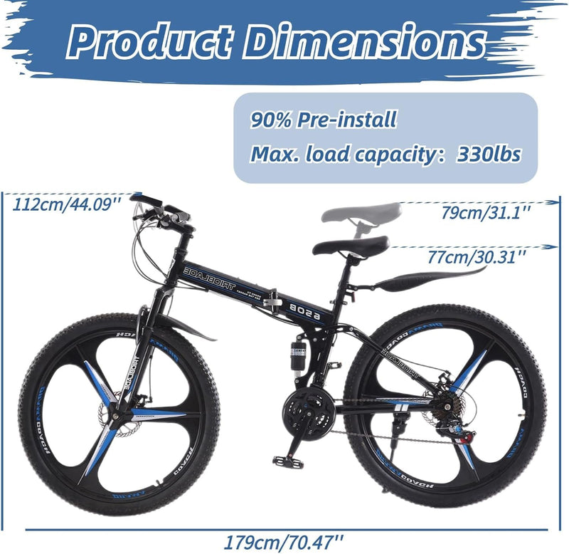 LSBIKE 24 26 27.5In Foldable Mountain Bike Dual Suspension Hardtail Bicycle Men Women Mountain Bike 21 Speed Drivetrain Lightweight Frame Sport Cycling Bike for Adult