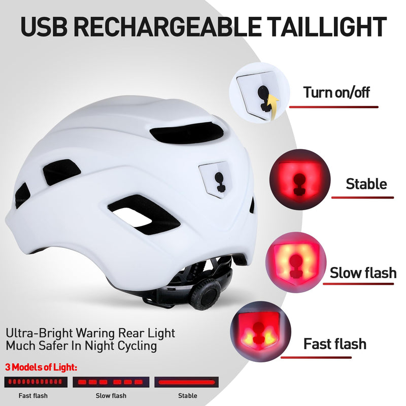 Bike Helmet, Adjustable Cycling Helmet with USB Rechargeable LED Light, Lightweight Bicycle Helmet for Adults, Breathable Mountain & Road Cycle Helmet for Men Women