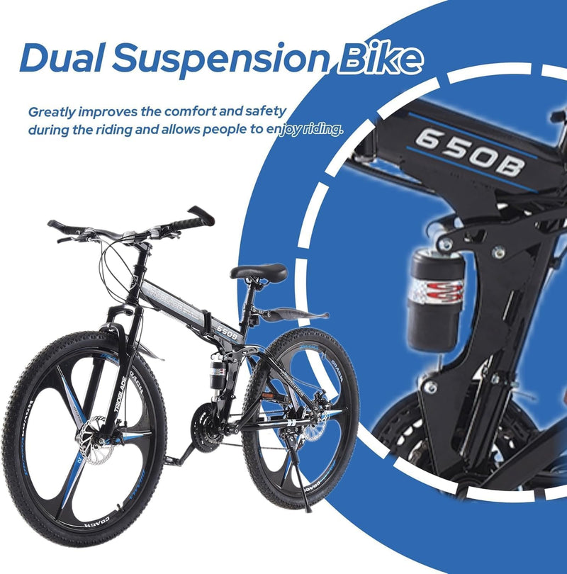 LSBIKE 24 26 27.5In Foldable Mountain Bike Dual Suspension Hardtail Bicycle Men Women Mountain Bike 21 Speed Drivetrain Lightweight Frame Sport Cycling Bike for Adult
