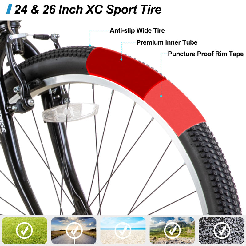 Hiland 24/26 inch Mountain Bike for Youth Adult, 21 Speeds Mountain Bicycle for Men Women with High Carbon Steel Frame, Sport Cycling Youth Adult MTB Bicycle, Black/White