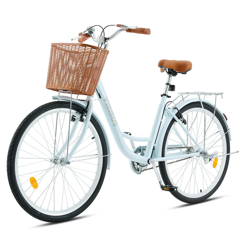 Viribus 26 Inch Vintage Ladies Bike with Basket, Dutch Style City Bicycle with Carbon Steel Frame, Dual V Brakes, Single Speed Women's Comfort Bike with Adjustable Seat and Handlebars
