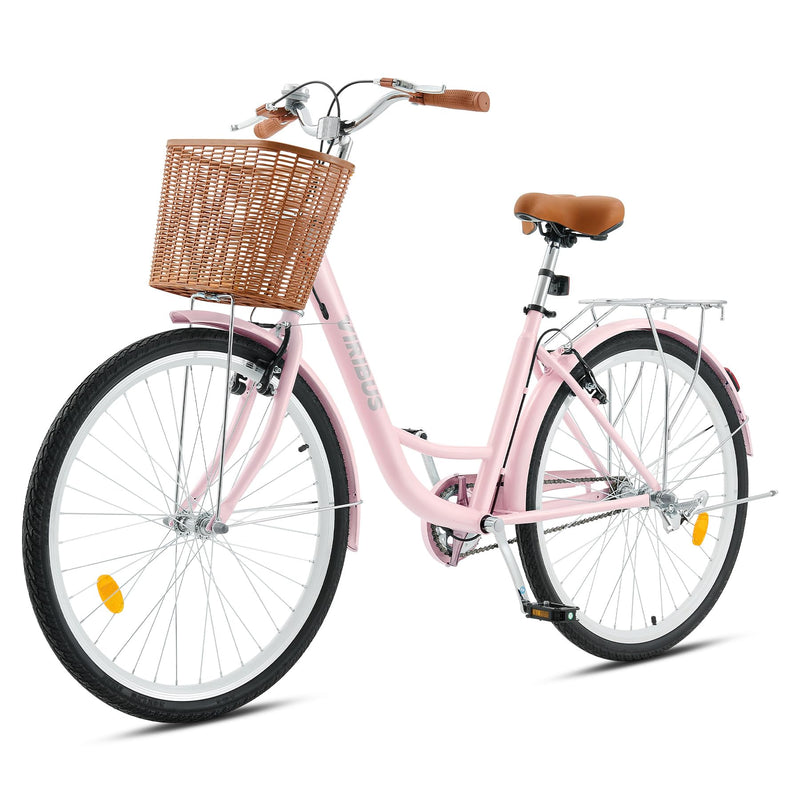 Viribus 26 Inch Vintage Ladies Bike with Basket, Dutch Style City Bicycle with Carbon Steel Frame, Dual V Brakes, Single Speed Women's Comfort Bike with Adjustable Seat and Handlebars