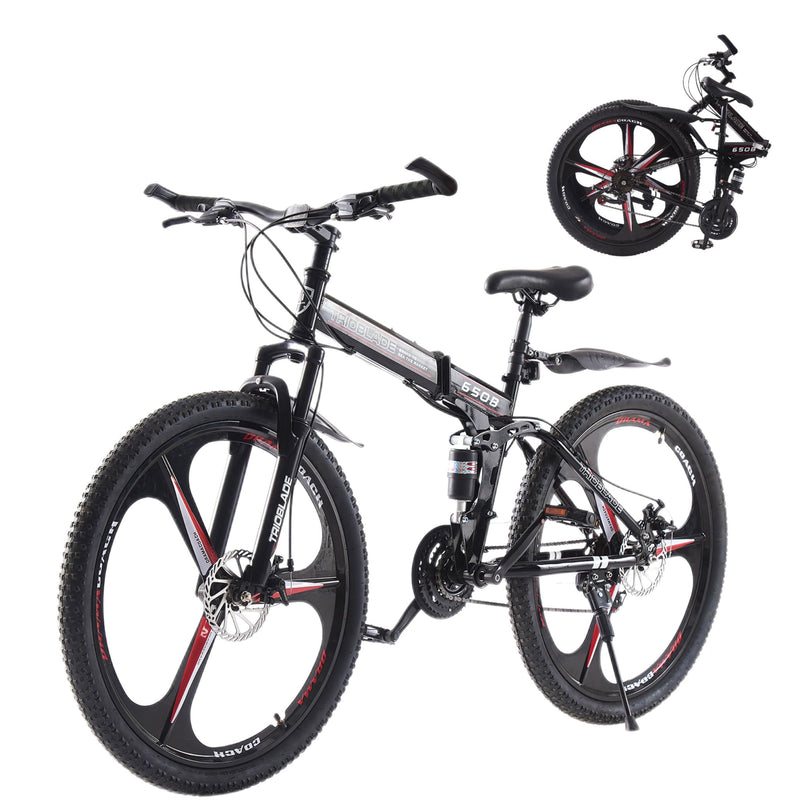 LSBIKE 24 26 27.5In Foldable Mountain Bike Dual Suspension Hardtail Bicycle Men Women Mountain Bike 21 Speed Drivetrain Lightweight Frame Sport Cycling Bike for Adult