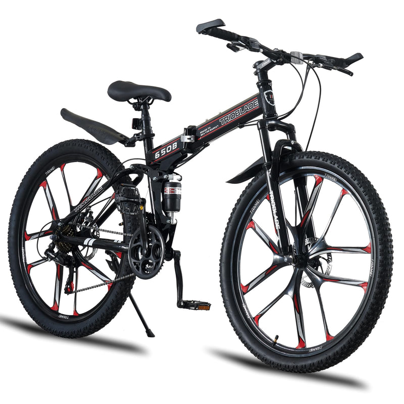 LSBIKE 24 26 27.5In Foldable Mountain Bike Dual Suspension Hardtail Bicycle Men Women Mountain Bike 21 Speed Drivetrain Lightweight Frame Sport Cycling Bike for Adult