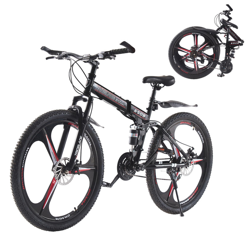 BSTSEL 24 26 27.5Inch Adult Folding Mountain Bike, Dual Suspension Mountain Bikes with 3-Spoke Wheel, 21 Speed Mens and Womens Foldable Mountain Bicycle