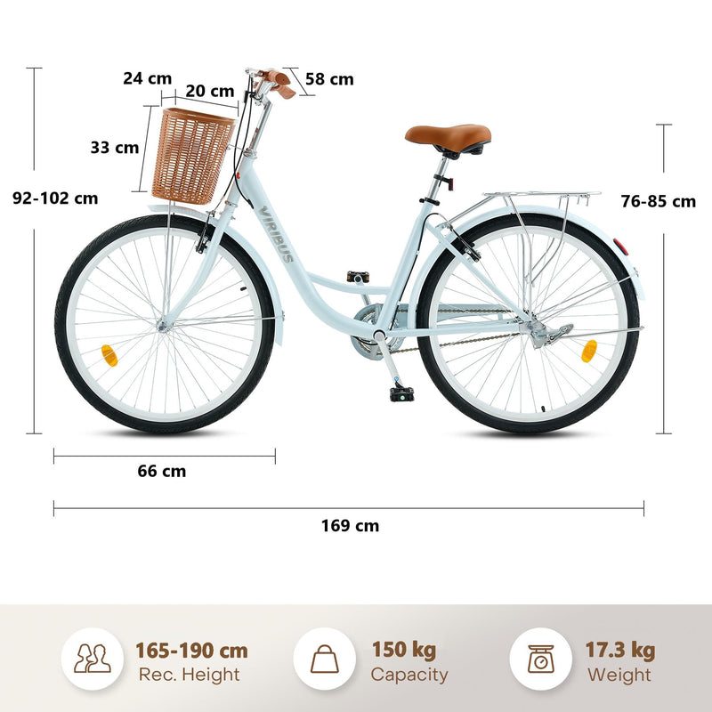 Viribus 26 Inch Vintage Ladies Bike with Basket, Dutch Style City Bicycle with Carbon Steel Frame, Dual V Brakes, Single Speed Women's Comfort Bike with Adjustable Seat and Handlebars