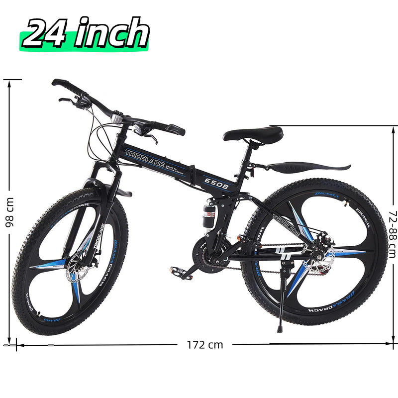 BSTSEL 24 26 27.5Inch Adult Folding Mountain Bike, Dual Suspension Mountain Bikes with 3-Spoke Wheel, 21 Speed Mens and Womens Foldable Mountain Bicycle