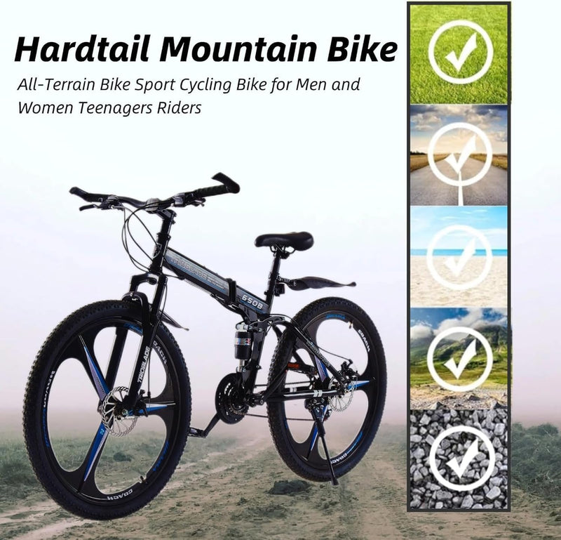 LSBIKE 24 26 27.5In Foldable Mountain Bike Dual Suspension Hardtail Bicycle Men Women Mountain Bike 21 Speed Drivetrain Lightweight Frame Sport Cycling Bike for Adult