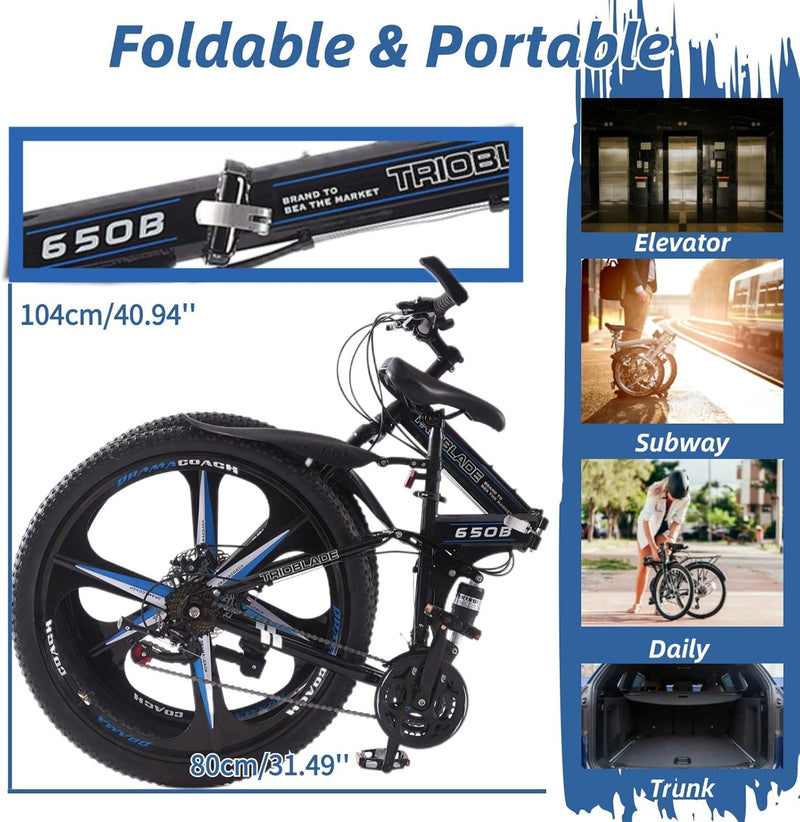 LSBIKE 24 26 27.5In Foldable Mountain Bike Dual Suspension Hardtail Bicycle Men Women Mountain Bike 21 Speed Drivetrain Lightweight Frame Sport Cycling Bike for Adult