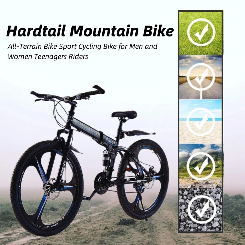LSBIKE 24 26 27.5In Foldable Mountain Bike Dual Suspension Hardtail Bicycle Men Women Mountain Bike 21 Speed Drivetrain Lightweight Frame Sport Cycling Bike for Adult