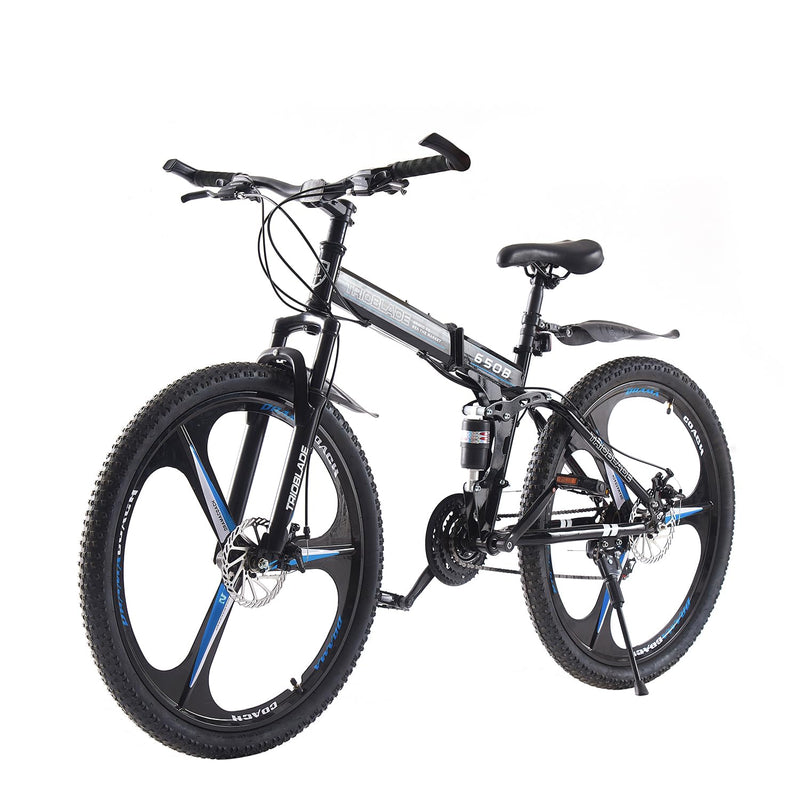 BSTSEL 24 26 27.5Inch Adult Folding Mountain Bike, Dual Suspension Mountain Bikes with 3-Spoke Wheel, 21 Speed Mens and Womens Foldable Mountain Bicycle