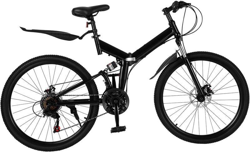 26 Inch Mountain Bike Folding Bicycle for Adults 21 Speed Height Adjustable With Mudguards and Transmission Mens and Womens Foldable Mountain Bicycle,With Anti Slip Handle and Reflective Light(Black)