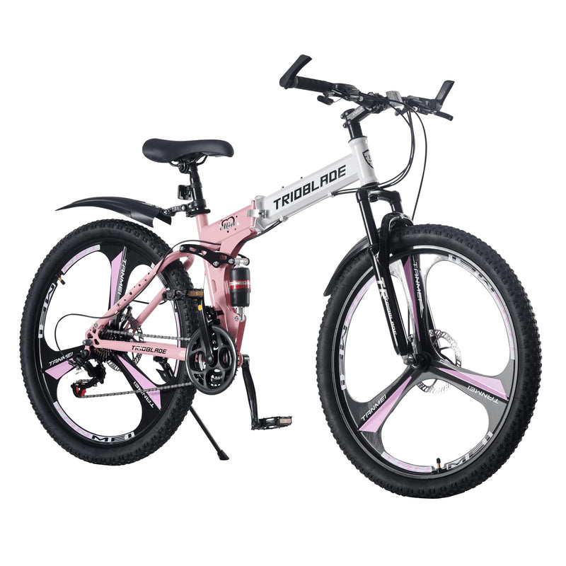 BSTSEL 24 26 27.5Inch Adult Folding Mountain Bike, Dual Suspension Mountain Bikes with 3-Spoke Wheel, 21 Speed Mens and Womens Foldable Mountain Bicycle