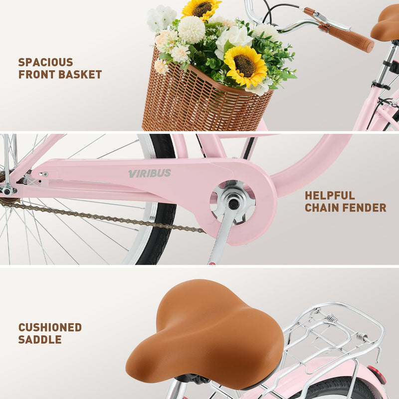 Viribus 26 Inch Vintage Ladies Bike with Basket, Dutch Style City Bicycle with Carbon Steel Frame, Dual V Brakes, Single Speed Women's Comfort Bike with Adjustable Seat and Handlebars