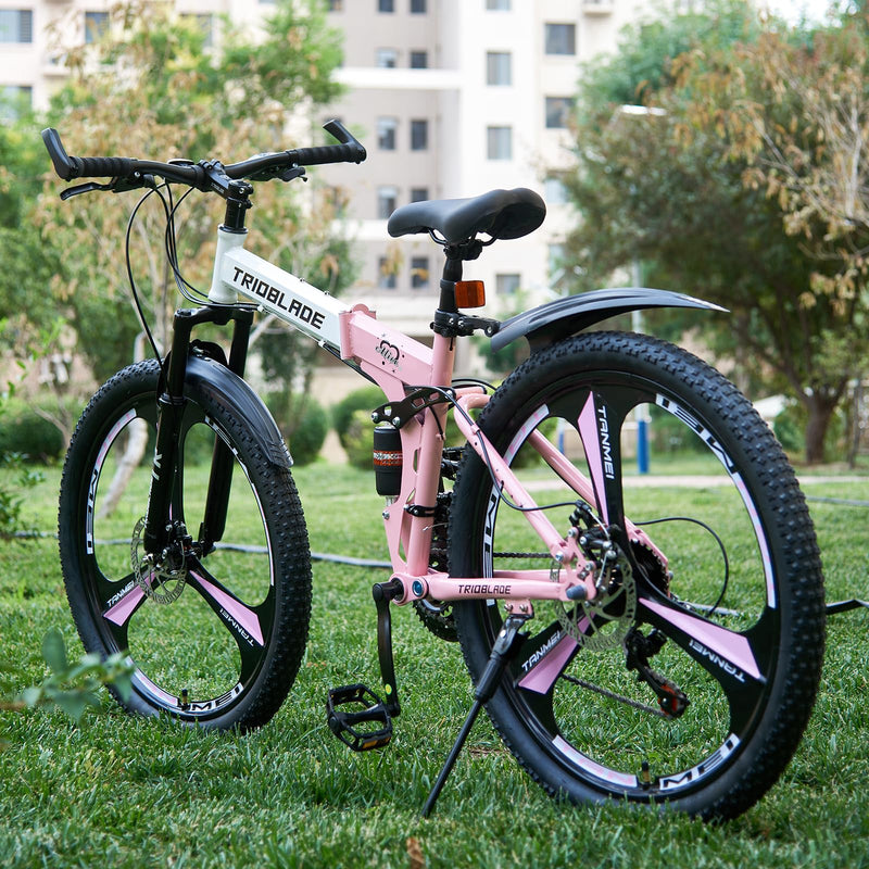 LSBIKE 24 26 27.5In Foldable Mountain Bike Dual Suspension Hardtail Bicycle Men Women Mountain Bike 21 Speed Drivetrain Lightweight Frame Sport Cycling Bike for Adult