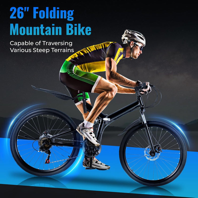 26 Inch Mountain Bike Folding Bicycle for Adults 21 Speed Height Adjustable With Mudguards and Transmission Mens and Womens Foldable Mountain Bicycle,With Anti Slip Handle and Reflective Light(Black)