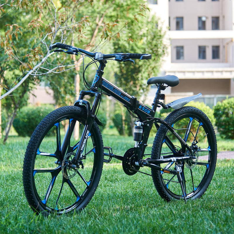 LSBIKE 24 26 27.5In Foldable Mountain Bike Dual Suspension Hardtail Bicycle Men Women Mountain Bike 21 Speed Drivetrain Lightweight Frame Sport Cycling Bike for Adult