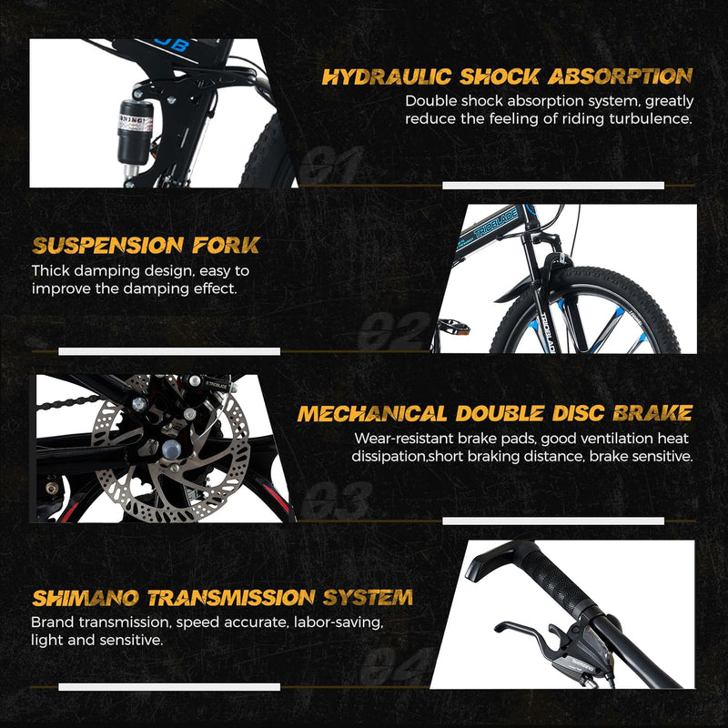 LSBIKE 24 26 27.5In Foldable Mountain Bike Dual Suspension Hardtail Bicycle Men Women Mountain Bike 21 Speed Drivetrain Lightweight Frame Sport Cycling Bike for Adult