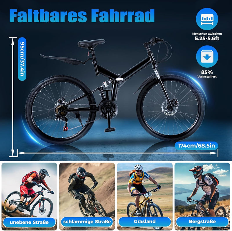 GDSKR 26 Inch Folding Mountain Bike, Mountain Bike Full, Suspension Disc Brake Bicycle, Front Disc Brake, Quick Release Mechanism, Steel Frame, All Terrain Folding Bicycle, with Mudguard