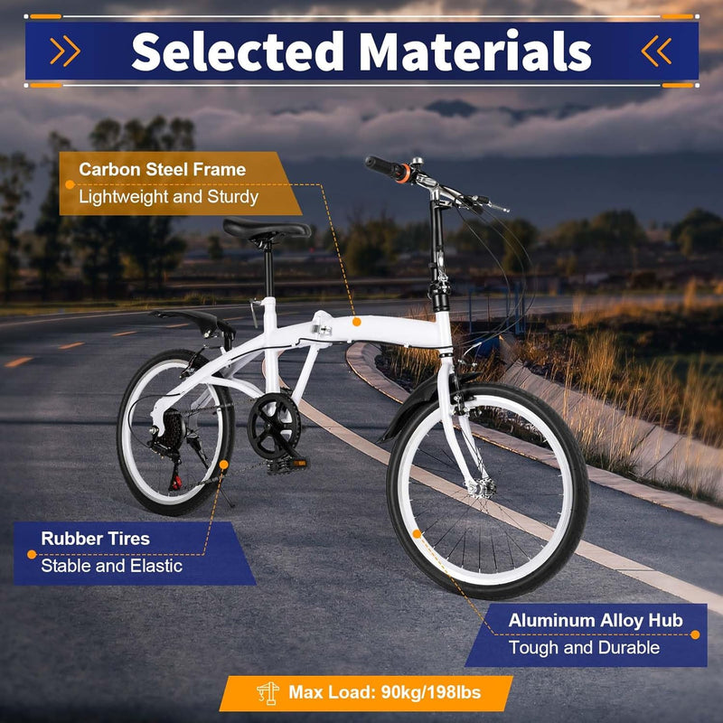 CUMELLIIR Folding Bikes For Adults 20 Inch, Foldable Bike With Double V Brake, Adjustable Height 6 Speed Lightweight Folding Bicycle, Fold Up Bikes City Bike For Adults Men Women Teens