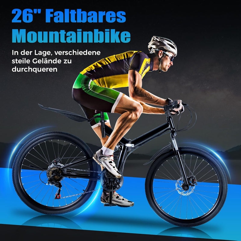 GDSKR 26 Inch Folding Mountain Bike, Mountain Bike Full, Suspension Disc Brake Bicycle, Front Disc Brake, Quick Release Mechanism, Steel Frame, All Terrain Folding Bicycle, with Mudguard